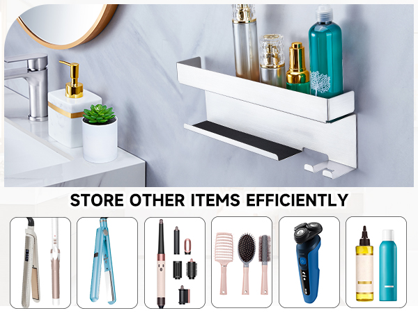 Text reads 'STORE OTHER ITEMS EFFICIENTLY'. Bathroom organization solutions showing various toiletry items neatly arranged in white storage containers.
