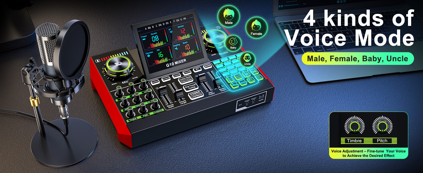The audio mixer supports voice changing functionality.