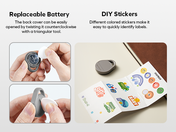 Text reads 'Replaceable Battery' and 'DIY Stickers'. Product showcase of tablet accessory with replaceable battery feature and customizable sticker options.