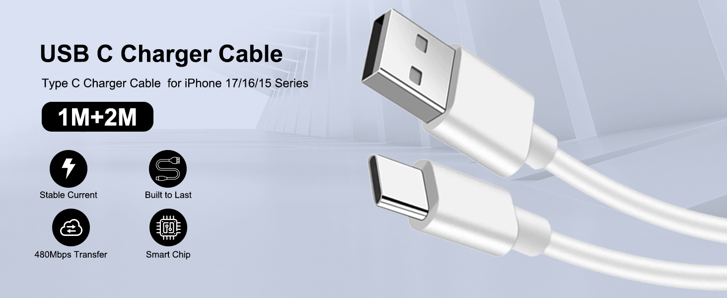 Text reads 'USB C Charger Cable' and '1M+2M'. Product diagram showing USB cable specifications with multiple connection icons and technical details.