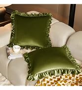 KKJIAF Olive Green Velvet Throw Pillow Covers 18 x 18 Inch Set of 2, Ruffle Euro Pillow Shams Vel...