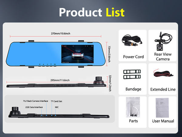 Rear View Mirror Video Recroder Car DVR 4.5" Mirror Dash Cam Backup Smart Rearview Front and Rear