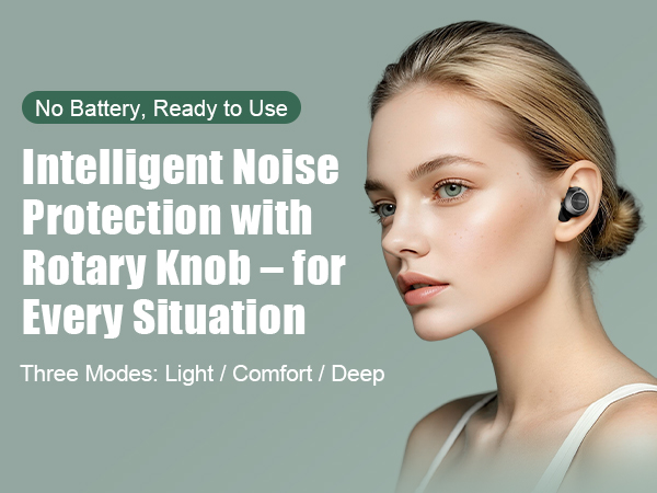 Text reads 'No Battery, Ready to Use', 'Intelligent Noise Protection', 'Three Modes: Light / Comfort / Deep'. Marketing image showing noise-canceling device features.