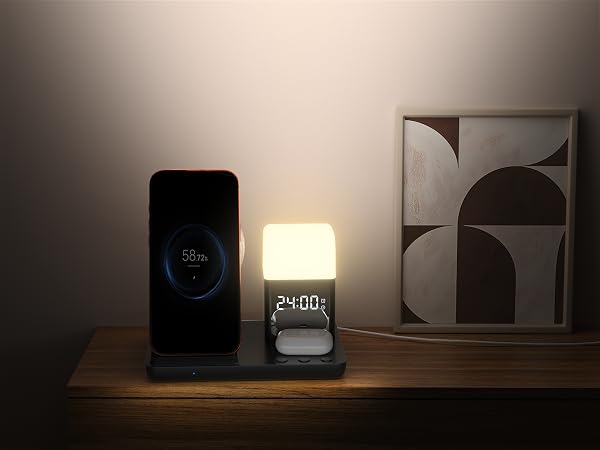Wireless Charger for iPhone, 6in1 Fast Phone Charger Stand Dock Alarm Clock Night Light