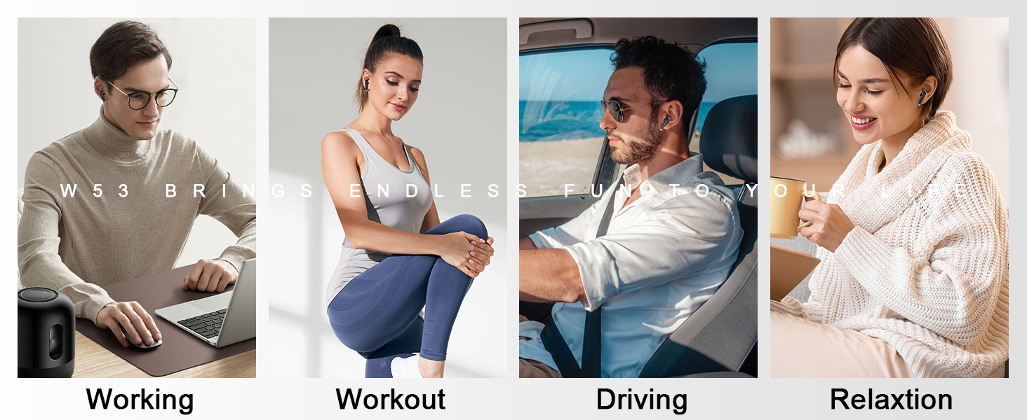 Composite image showing four panels labeled 'Working', 'Workout', 'Driving', and 'Relaxation', each depicting a person engaged in the respective activity.