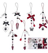 SUNNYCLUE 1 Box DIY 6 Sets Halloween Phone Charm Kit Coffin Charms Gothic Black Red Bow Knot