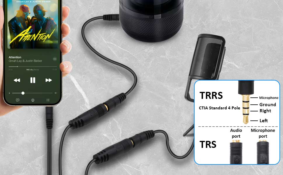 3.5mm TRRS 1male to 2 female Splitter Mic and Headphone Audio Cable