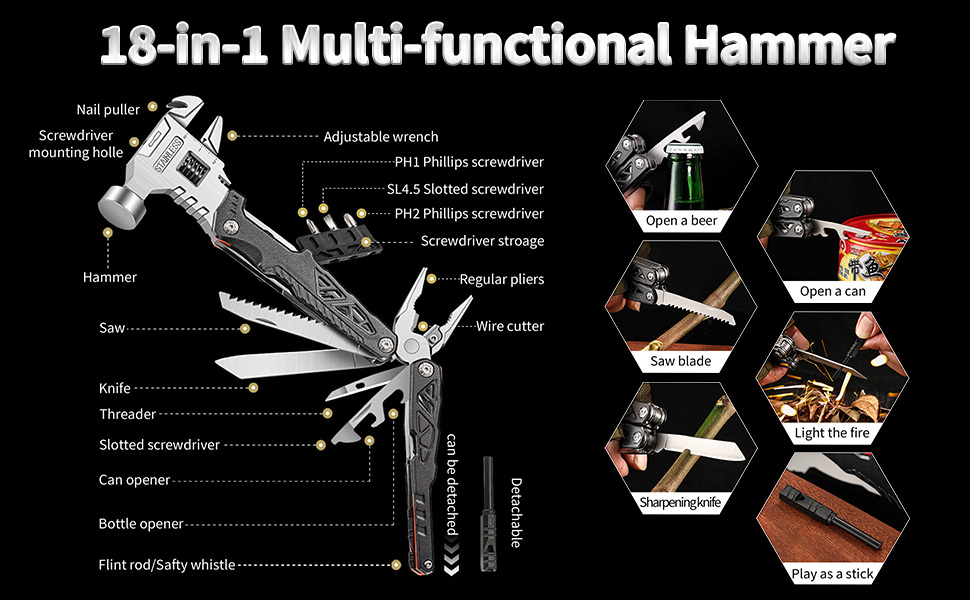 Stainless Steel Multitool Hammer with Adjustable Wrench