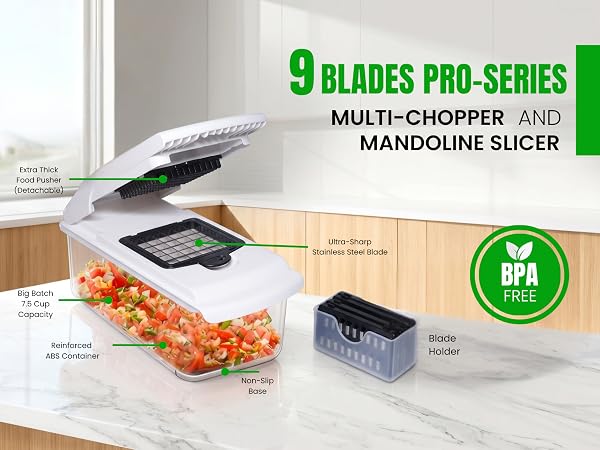 9-blade vegetable chopper with food container, mandoline slicer, and BPA-free design.