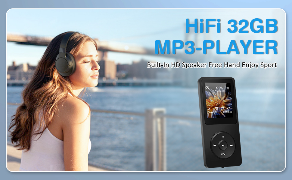 HiFi 32GB MP3 player with small screen displaying album art. Text highlights 'Lossless HD Sound' and 'Long Battery Sport' features.