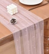 Joanlody Mothers Day Pearl Table Runner 10ft Spring Summer Rustic Boho Tulle Table Runner with Pe...