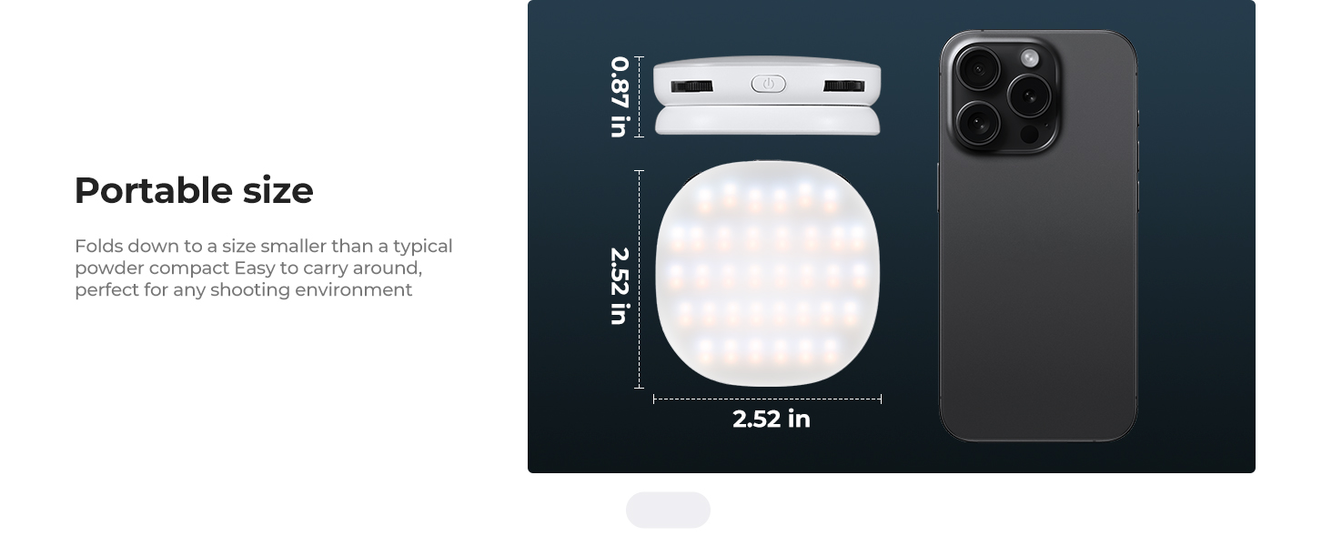 Text reads 'Portable size'. Professional product photography showing a sleek black device with camera lens and screen display against white background.