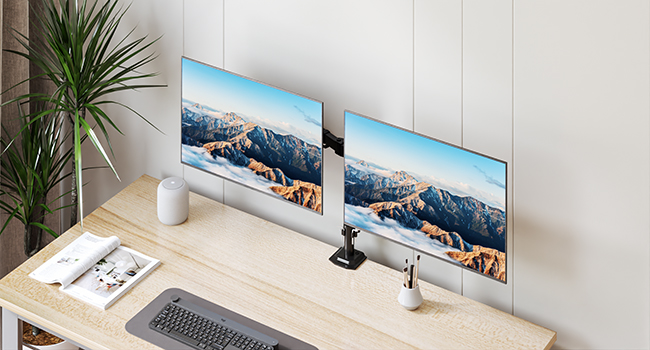 Desk setup with dual monitors displaying mountain scenery, keyboard, potted plant, and desk accessories on a light wooden surface.