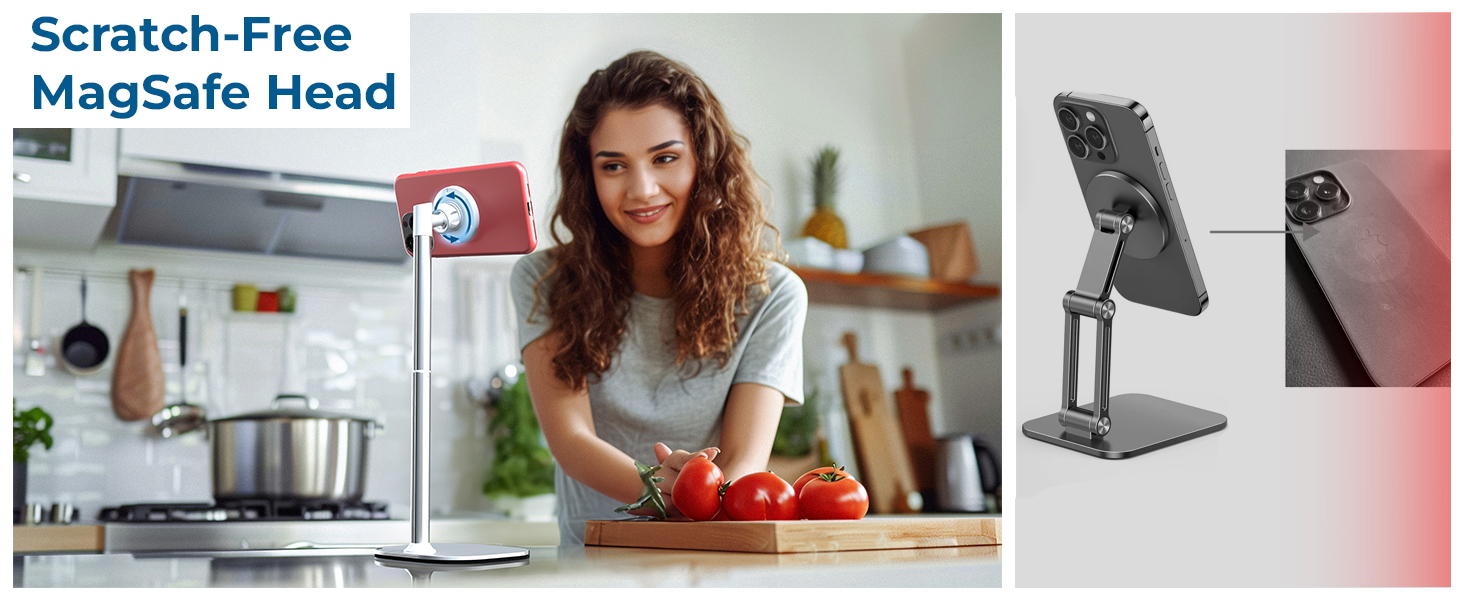 Kitchen setup featuring MagSafe device holder and adjustable metal tablet stand shown in multiple viewing angles.