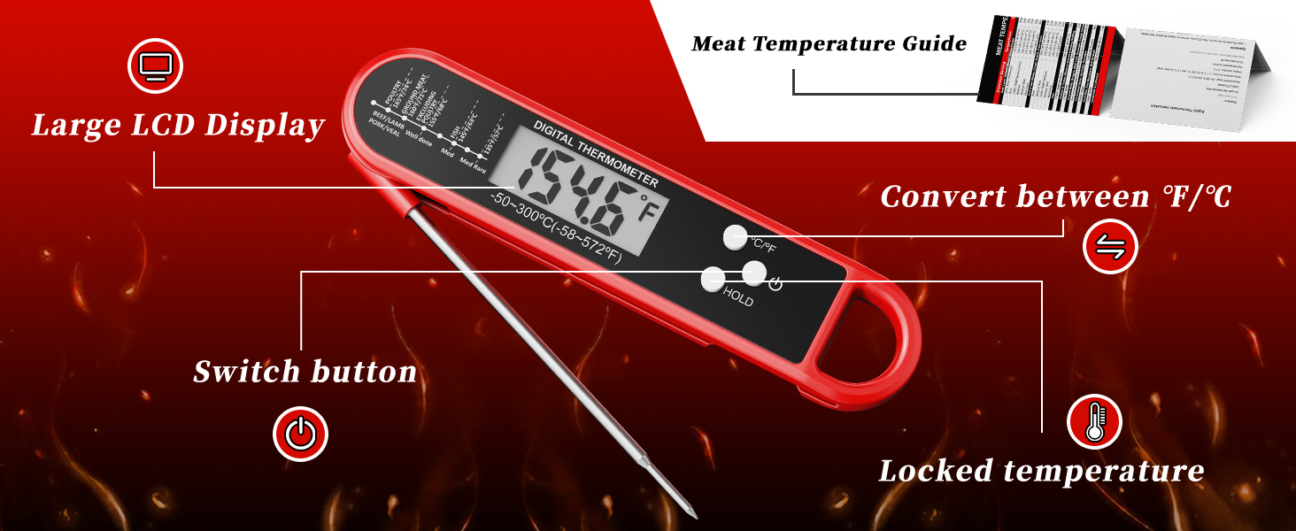 Food thermometer with magnet and wide temp range