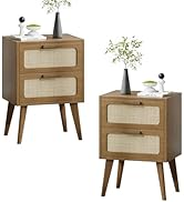 Rattan Nightstand Set of 2,Mid Century Modern Bedside with Storage,Wood End Table, Accent Side Ta...