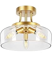 TOBUSA 3-Light Gold Semi Flush Mount Light Fixture, Modern Ceiling Light with Drum Glass Shade, G...