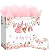 Yusenguan 13" Large Baby Gift Bag for Girl, Pink Floral Design with Handles, Tissue Paper and Gif...