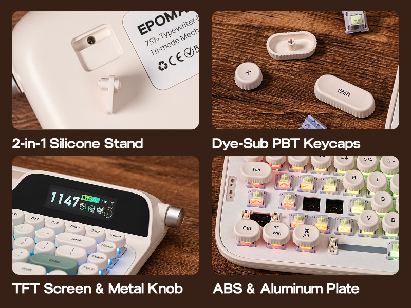 Text reads '2-in-1 Silicone Stand', 'Dye-Sub PBT Keycaps', 'TFT Screen &amp; Metal Knob', 'ABS &amp; Aluminum Plate'. Computer peripheral components displayed on wooden surface.