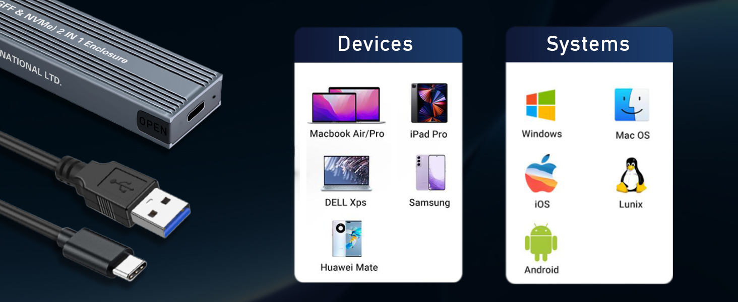 Computer peripherals and device icons. Metal enclosure, likely an SSD or hard drive. USB cable with Type-A and Type-C connectors. Icons for laptops, smartphones, and operating systems.