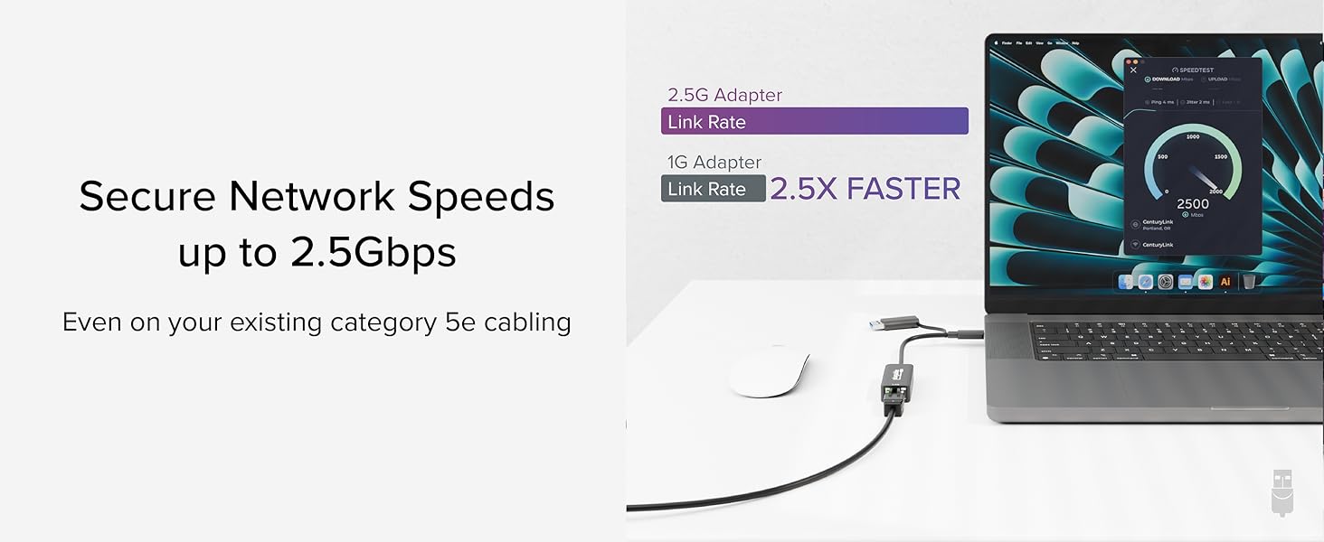 Plugable USB-C to Ethernet Adapter 2.5Gb, secure up to 2.5Gbps speeds on existing Cat 5e cabling