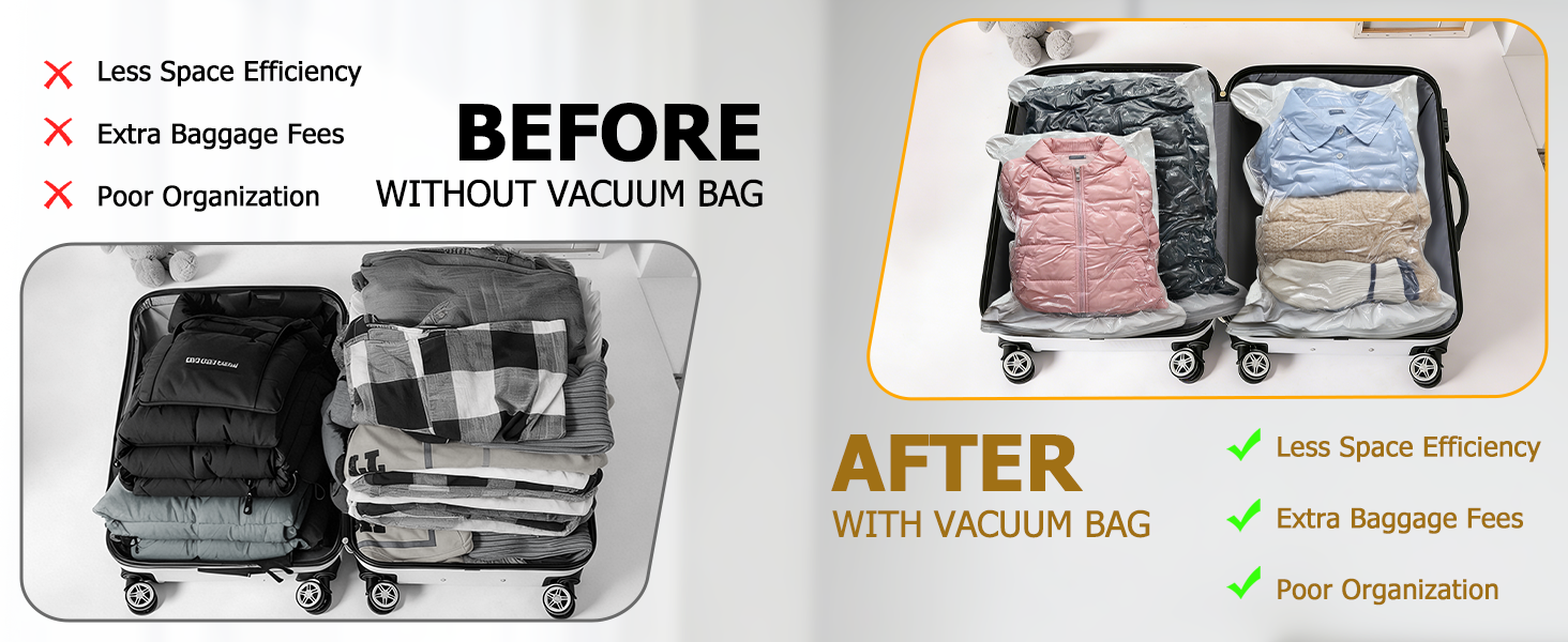 Before/after suitcase packing with vacuum bags: save space, organize clothes, reduce luggage bulk.