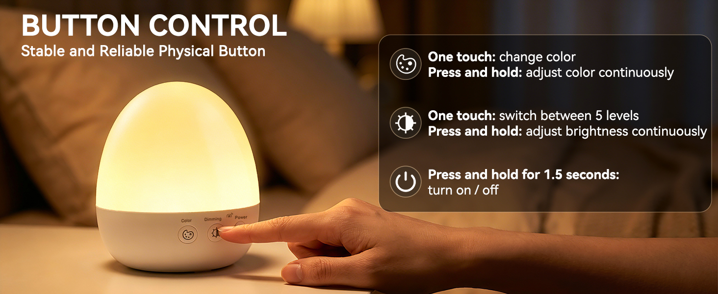 Button operated kids lamp, separate buttons for color switching, brightness adjust &amp; power control
