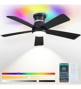 Surtime 46" Black Ceiling Fans with RGB Lights - Flush Mount Ceiling Fan Light with LED 3CCT Dimm...