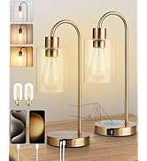 QHANTOMIZE Bedside Lamps Set of 2, Gold Touch Table Lamp with USB C+A Ports, 3 Way Dimmable Bedro...