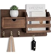 Lwenki Wall Mount Key Holder with Mail Organizer, 100% Paulownia Wood, 7 Metal Hooks, Storage Dra...