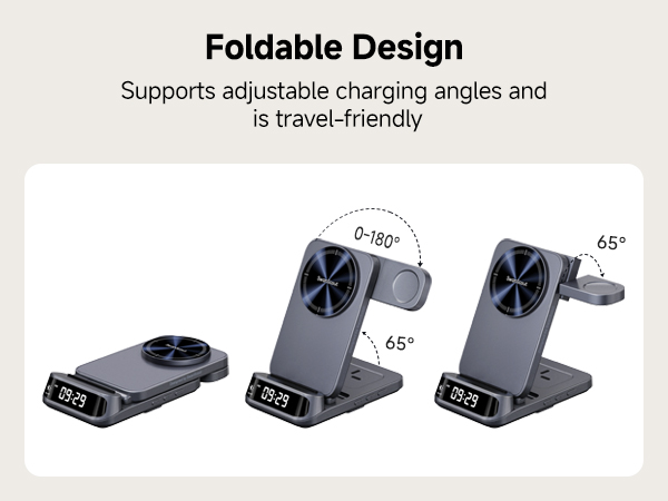 Foldable wireless charging stand with adjustable angles from 0-180°. Features digital clock display and compact design for travel. Three positions shown: flat, 65° tilt, and vertical.