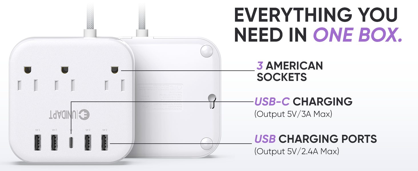 3 american sockets, usb-c charging, usp charging ports - output 5v/2.4A Max
