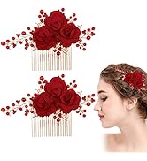 2 Pcs Red Flower Hair Comb Gold Rose Bridal Side Combs Floral Rhinestone Pearl Combs Vintage Deco...