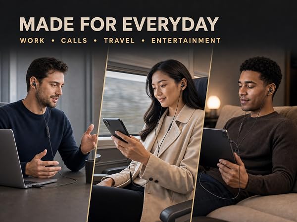 wired earbuds used for work, calls, travel and entertainment in three everyday lifestyle scenes