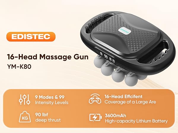 EDISTEC YM-K80 16-head massage gun, deep tissue percussion massager for muscle recovery.