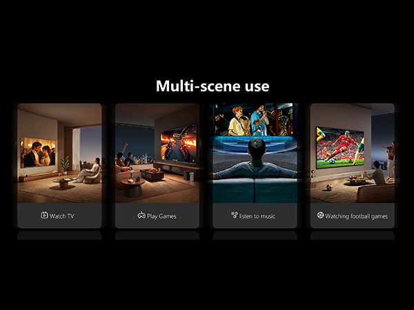 Four-panel image showcasing multi-scene use of a device. Panels depict movie, gaming, sports, and concert scenarios with descriptive text beneath each.