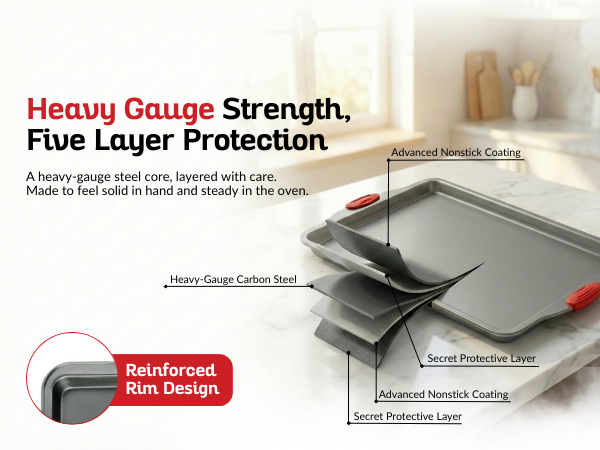 Baking sheet cutaway highlights reinforced rim and multi-layer protection