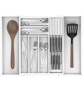 Thalomely Bamboo Kitchen Drawer Organizer, Expandable Utensil Organizer with Removable Knife Bloc...
