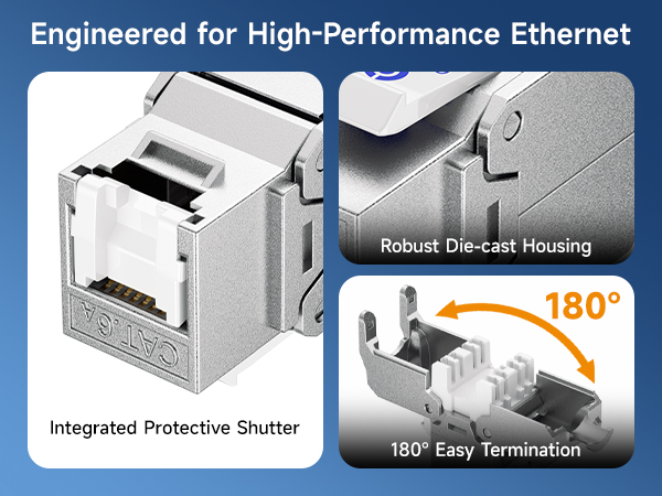 10Gbps 6-Pack RJ45 Shielded Cat6A / Cat6 Keystone Jack with Integrated Shutter