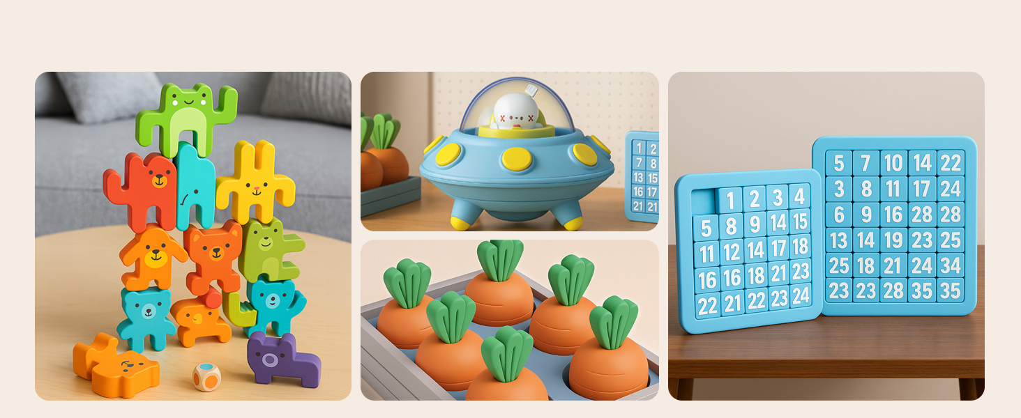 Collage of educational toys including colorful connecting puzzle pieces, orange carrot-themed items, and blue calendar or scheduling board.