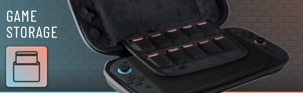 Nintendo Switch 2 in a protective case with slots for game storage.