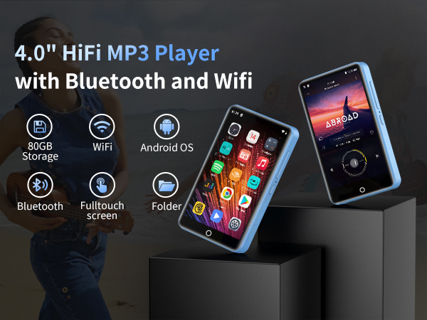 4.0" HiFi MP3 Player with Bluetooth and WiFi. Features include Android OS, full touch screen, speaker, and 5G WiFi connectivity.