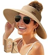 FURTALK Sun Hats for Women Wide Brim Beach Hat Straw Visor Ponytail Summer UV Packable Foldable B...