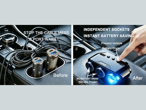 Independent power switches for each socket to prevent car battery drain and reduce plug wear