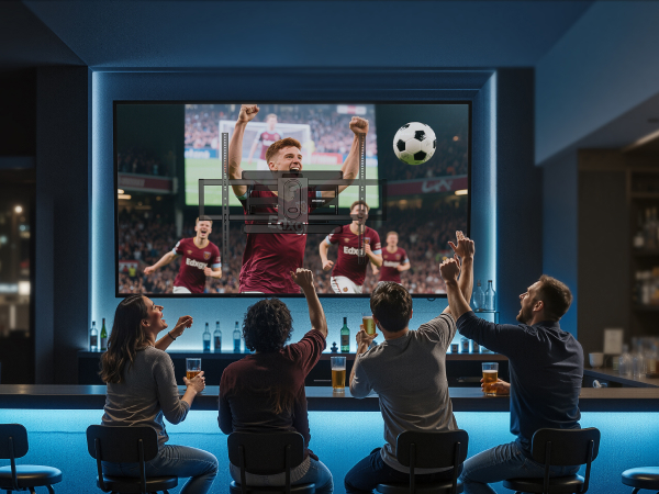 Bar or entertainment venue showing people watching sports on a large projector screen, with viewers seated at an illuminated blue counter.
