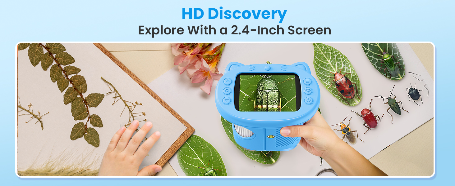 Text reads 'HD Discovery' and 'Explore With a 2.4-inch Screen'. Collage of nature and outdoor photography scenes displayed on device screen.