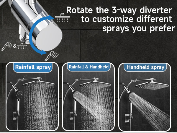 Easily switch between rainfall, handheld, or both using our forward-facing 3-way diverter.