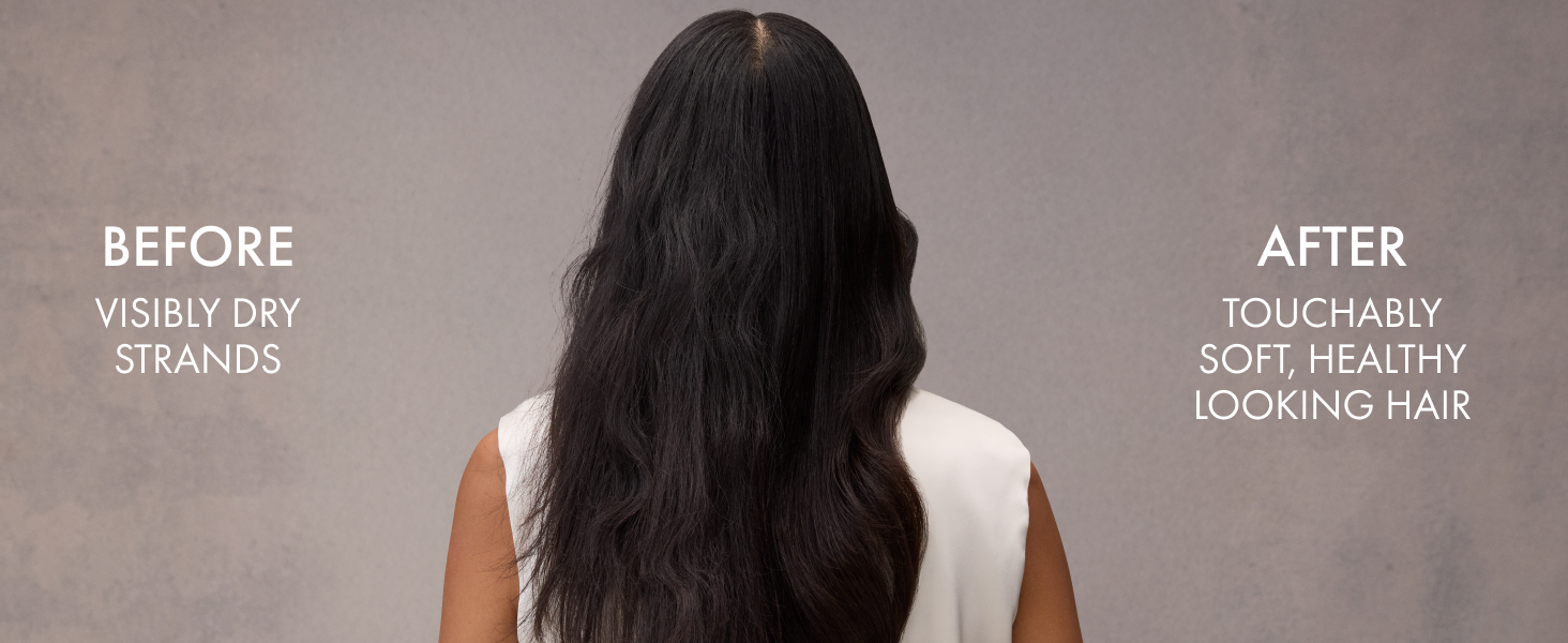 Woman shown from behind with her wavy hair split to compare before and after shampoo results.