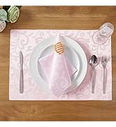 HommxJF 4 Pieces Scroll Damask Jacquard Light Pink Placemats,13 x 19 inch Protect Surface Heat an...