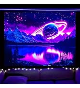 Nuxovilar UV Reactive Tapestry Saturn Planet Mountain Scene BlackLight Tapestries Cool UV Black L...